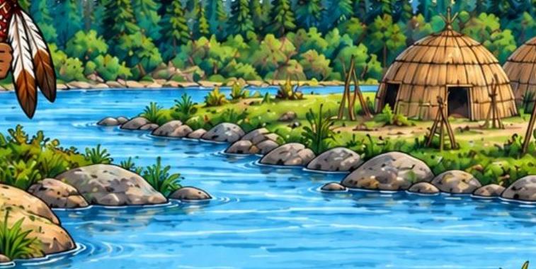 Tashka’s illustrated woodland river, trees and village
